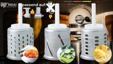 Die Trommeln mit dem langen weißen Zapfen passen ausschließlich auf den "alten" KitchenAid-Vorsatz von Messerschmidt in Deutschland hergestellt - jedoch NICHT passend auf das "neue" KitchenAid-System mit den schwarzen, kurzen Kunststoffteilen.